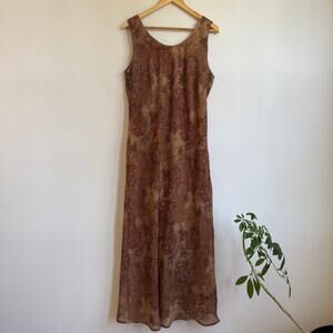 90's Vintage K Studio Maxi Dress Brown Pink Floral Paisley Chiffon Boho 16